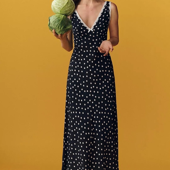 Rixo Sandrine Polka-Dot Woven Midi Dress in Navy Blue Viscose Size XXS NWT - Picture 2 of 12